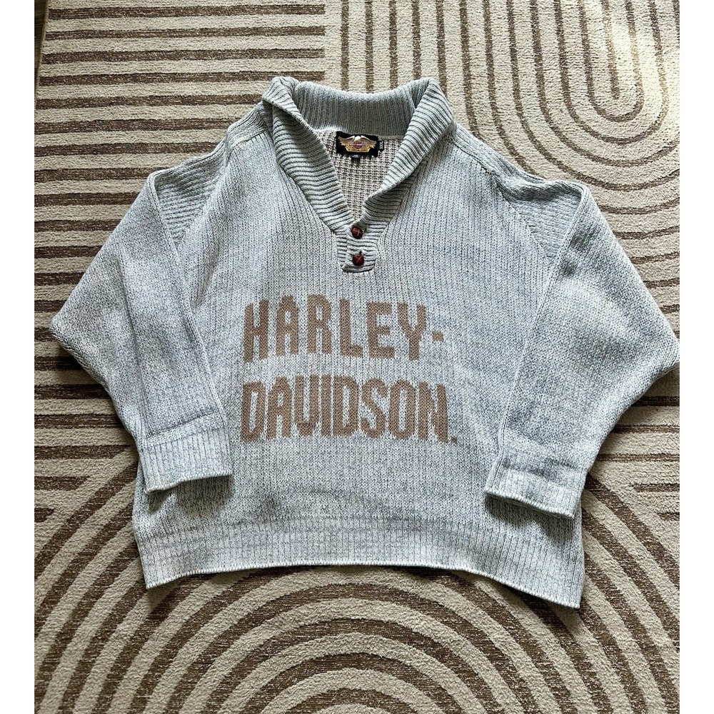 Vintage Harley‎ Davidson Knit Sweater Shawl Collar Unisex XXXL USA Made Gray